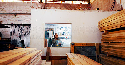Buy stock photo Woman, phone call and smile at factory with wood, order or stock for construction material at plant. Person, smartphone and inventory with timber for manufacturing, storage or lumber at warehouse