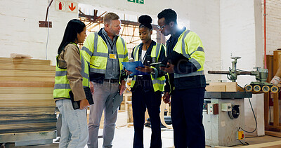 Buy stock photo Team, clipboard and tablet in factory for timber distribution, inspection and people with schedule for warehouse. Woodwork supplier, lumber or planks with group for quality check, inventory or stock