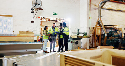 Buy stock photo Team, discussion and factory for timber distribution, inspection and people with schedule on tablet for warehouse. Wood supplier, lumber or planks with group for quality check, inventory or clipboard