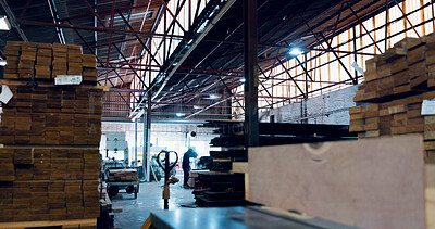 Buy stock photo Logistics, empty and stack of wood, warehouse or material for furniture, supply chain or business. Production, shipping and collection of cargo in factory, export or goods for distribution or storage