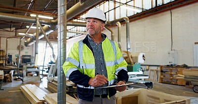 Buy stock photo Checklist, woodwork and inspection with man in factory for furniture, manufacturing and carpenter. Lumber inventory, cabinetry construction and distribution warehouse with mature person and clipboard