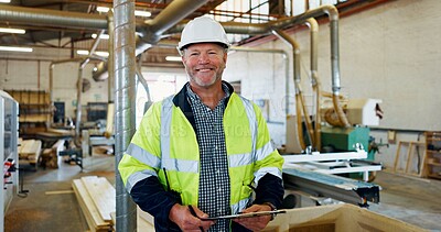 Buy stock photo Checklist, woodwork and portrait of man in factory for furniture, manufacturing and carpenter. Lumber inventory, cabinetry construction and distribution warehouse with mature person and clipboard