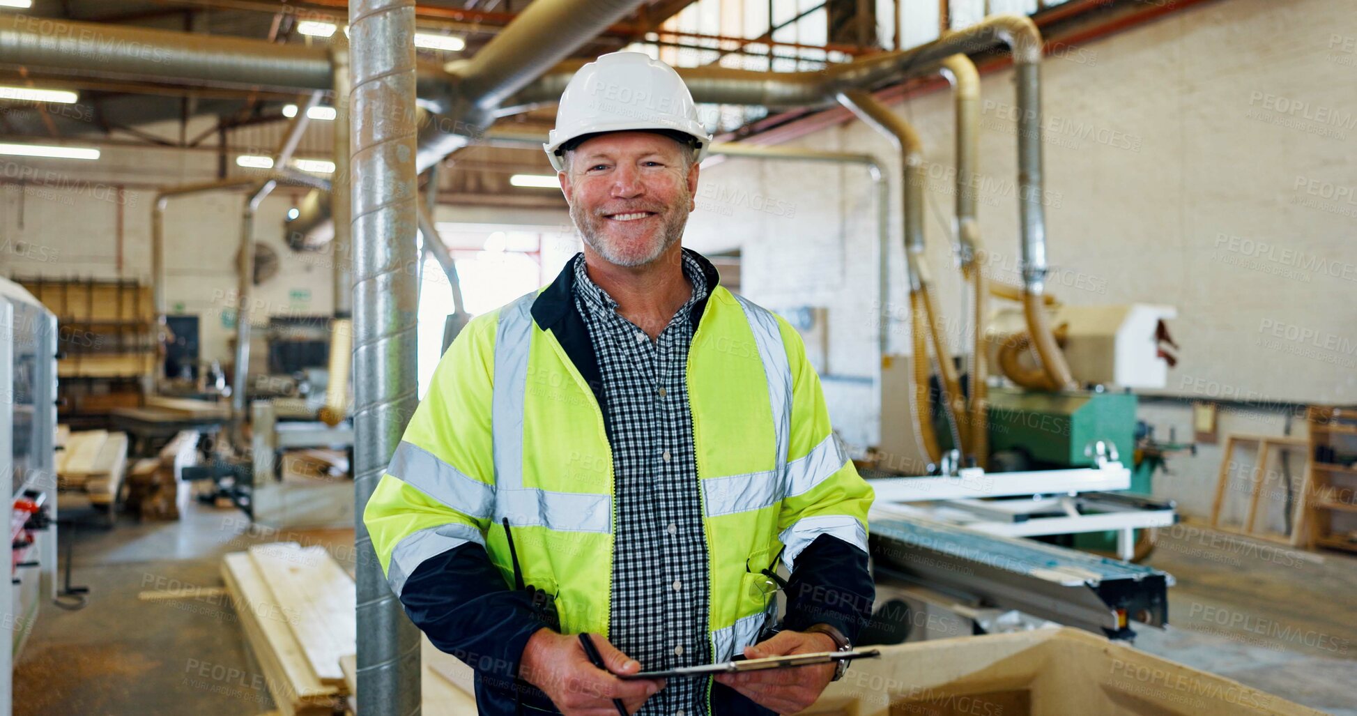 Buy stock photo Checklist, woodwork and portrait of man in factory for furniture, manufacturing and carpenter. Lumber inventory, cabinetry construction and distribution warehouse with mature person and clipboard