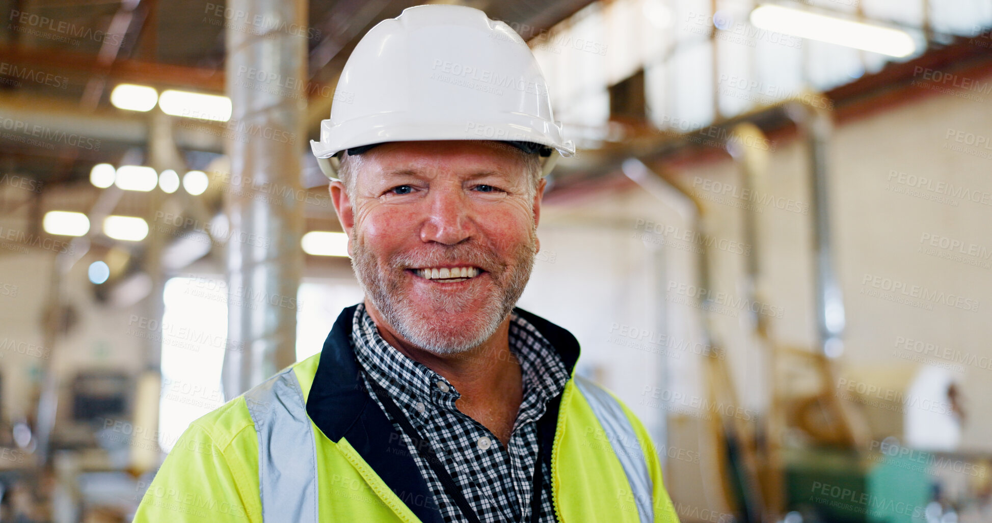 Buy stock photo Portrait, woodwork and smile with man in factory for furniture, manufacturing and carpenter. Lumber shipping, cabinetry construction and distribution warehouse with mature person as millworker