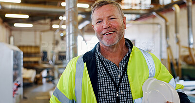 Buy stock photo Portrait, woodwork and contractor with man in warehouse for furniture, manufacturing and carpenter. Lumber shipping, cabinetry construction and distribution factory with mature person as millworker