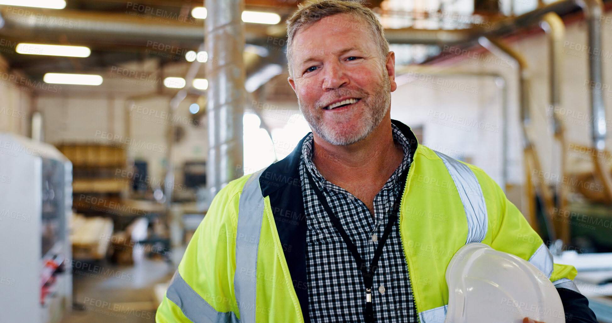 Buy stock photo Portrait, woodwork and contractor with man in warehouse for furniture, manufacturing and carpenter. Lumber shipping, cabinetry construction and distribution factory with mature person as millworker