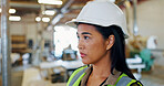 Thinking, woman and engineer in workshop for project, planning or maintenance in building. Decision, brainstorming and Asian female construction worker on site for repairs at industry warehouse.