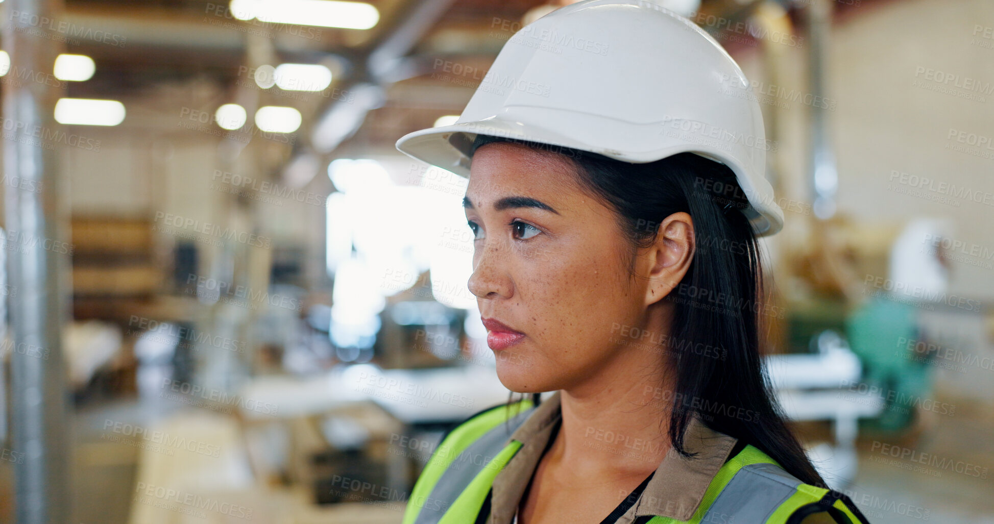 Buy stock photo Thinking, woman and engineer in workshop for project, planning or maintenance in building. Decision, brainstorming and Asian female construction worker on site for repairs at industry warehouse.