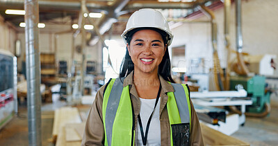 Buy stock photo Portrait, woodwork and contractor with woman in factory for furniture, manufacturing and carpenter. Lumber shipping, cabinetry construction and distribution warehouse with person as millworker