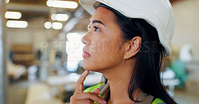 Buy stock photo Planning, woman and engineer in workshop for project, thinking or maintenance in building. Decision, brainstorming and Asian female construction worker on site for repairs at industry warehouse.