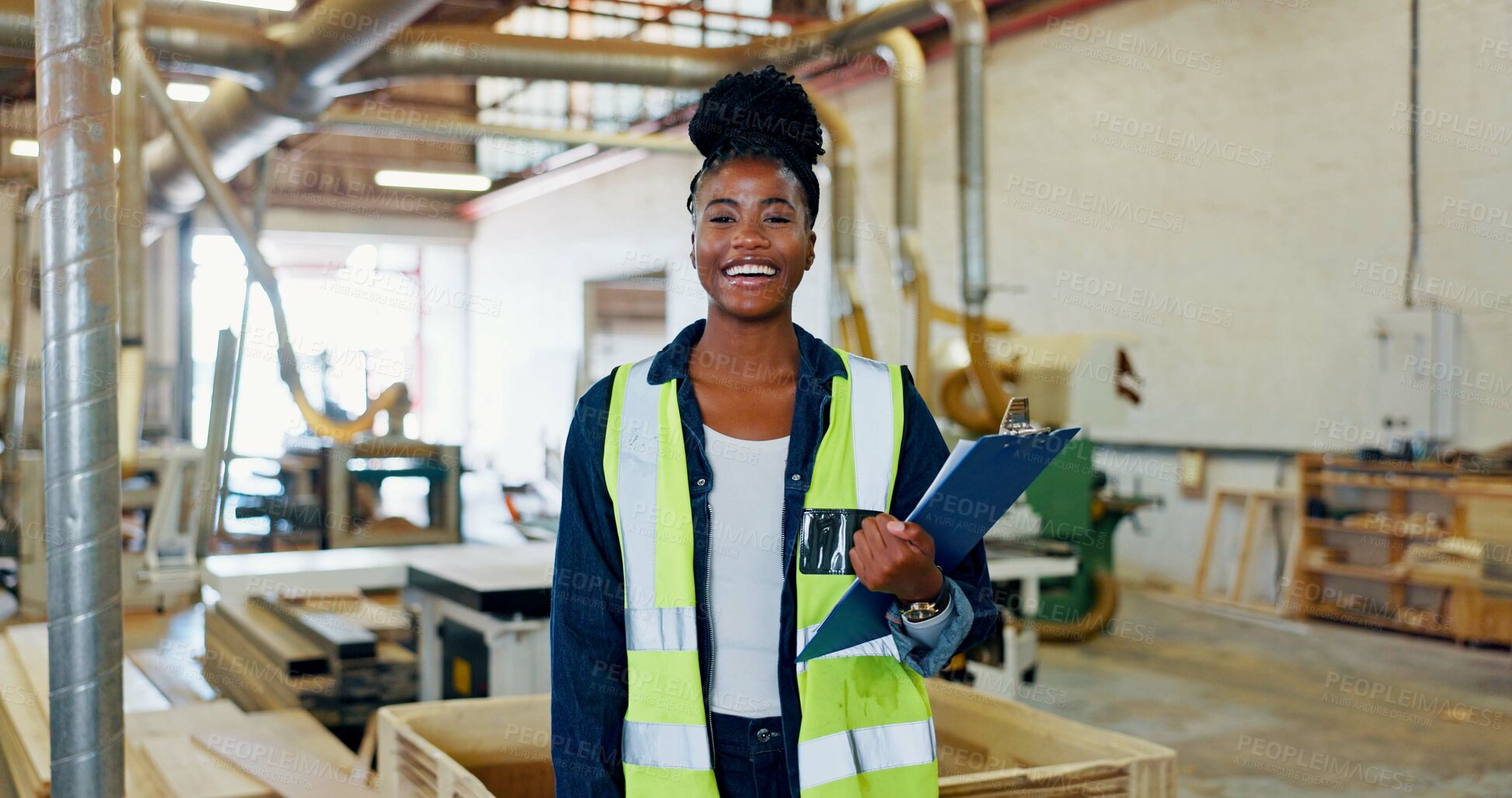 Buy stock photo Portrait, woodwork and clipboard with black woman in factory for furniture, manufacturing or inspection. Lumber inventory, cabinetry construction and distribution warehouse with person and checklist