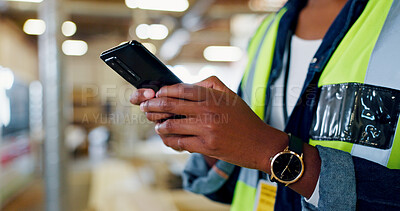 Buy stock photo Hands, phone and job at warehouse, industry or contact with typing in safety vest for manufacturing. Person, engineer and smartphone with mobile app for notification, material or stock order at plant