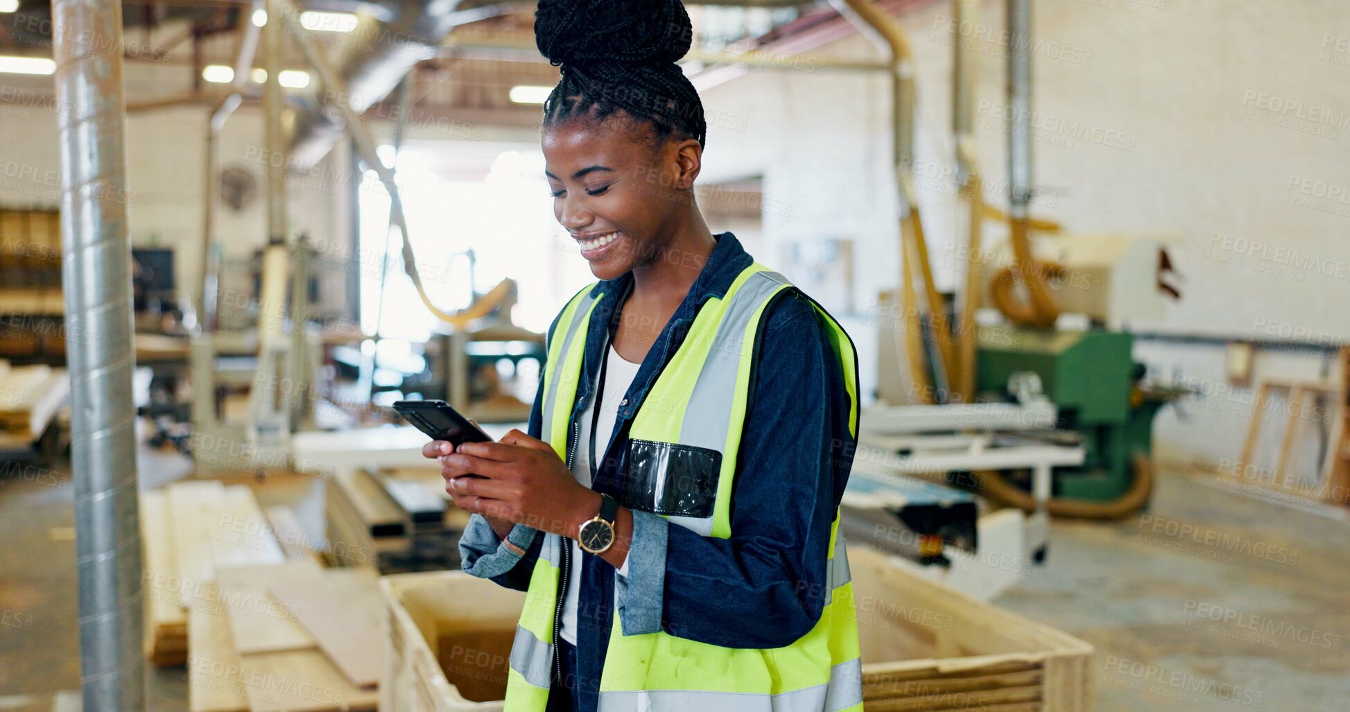 Buy stock photo Phone, woman and carpenter in workshop for woodwork, stock storage or text for furniture production. African worker, technology and engineer in warehouse for manufacturing, joinery and message online