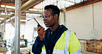 Radio, talking and woodwork with black man in warehouse for security, inspection and export. Communication, lumber logistics and feedback with person in factory for manufacturing and safety manager