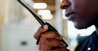 Buy stock photo Engineer, talking and person with radio, mouth and communication for project management and digital. Connection, hands and employee with tech for discussion, planning and conversation for business