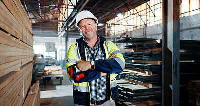 Buy stock photo Portrait, woodwork and arms crossed with man in factory for furniture, manufacturing and carpenter. Lumber shipping, cabinetry construction and distribution warehouse with mature person as millworker
