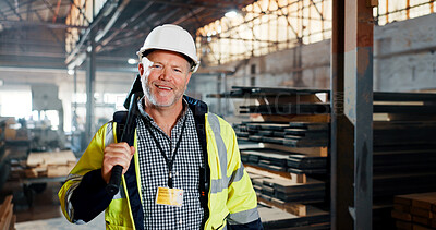 Buy stock photo Portrait, woodwork and contractor with man in factory for furniture, manufacturing and carpenter. Lumber shipping, cabinetry construction and distribution warehouse with mature person as millworker