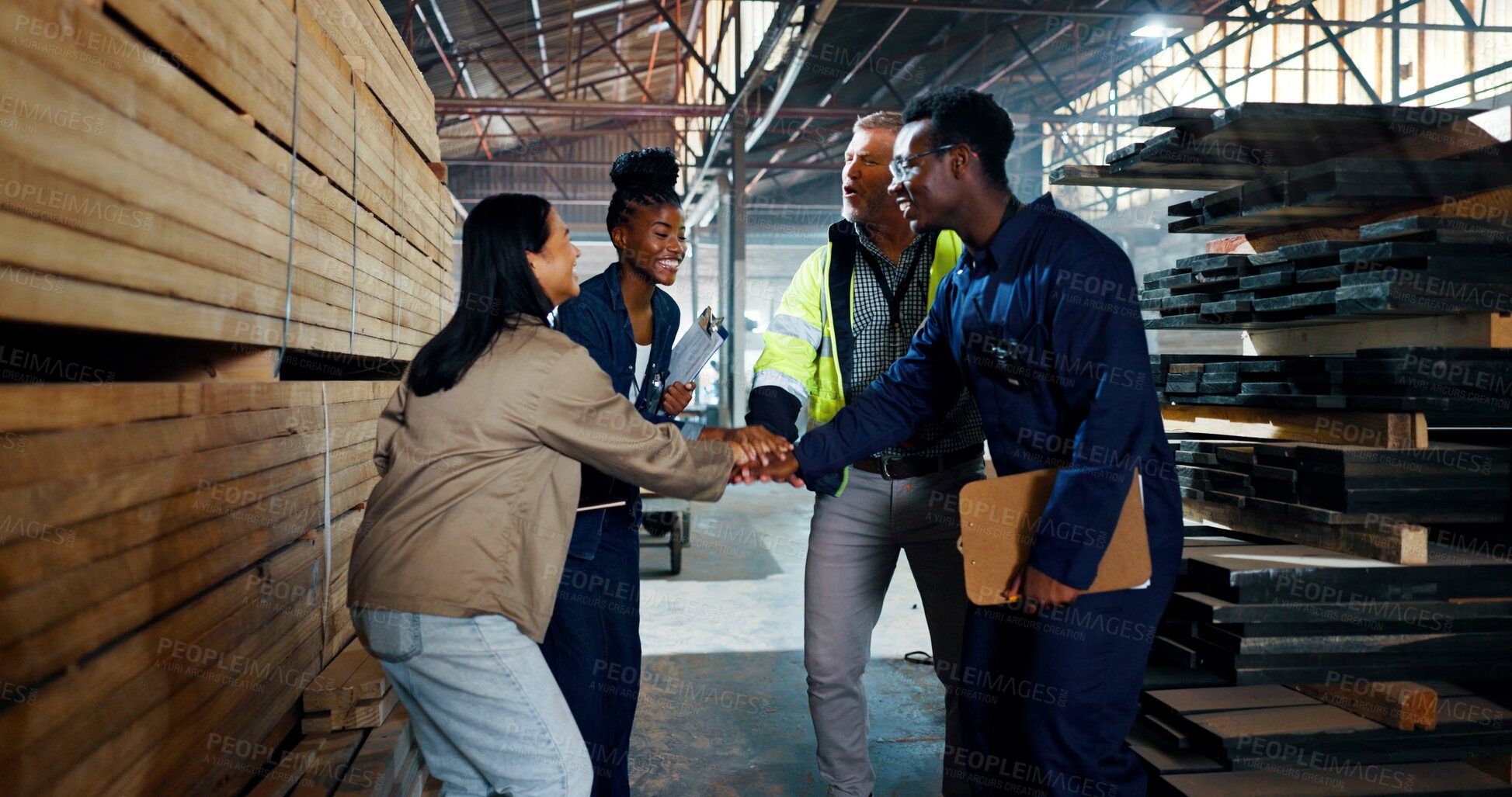 Buy stock photo Group, people and handshake for carpentry at warehouse for partnership, agreement and construction deal. Team, shaking hands and welcome for b2b, manufacturing negotiation and onboarding opportunity