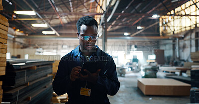 Buy stock photo Tablet, manager and woodwork with black man in warehouse for carpenter, digital checklist and search. Inspection, timber inventory and furniture with person in factory for online distribution