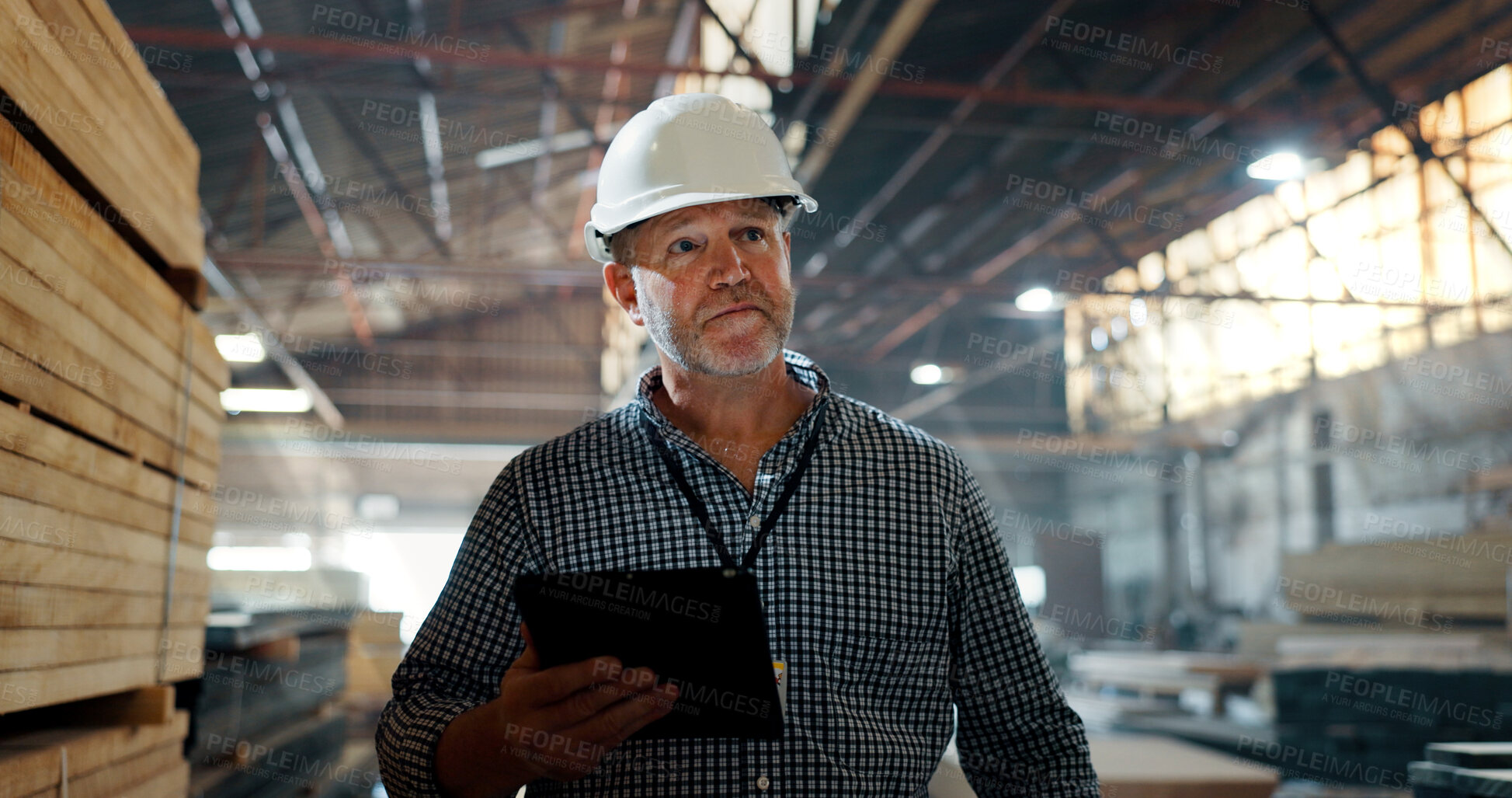 Buy stock photo Planning, man and carpenter with tablet for woodwork, insight or vision for furniture production. Technology, inspection or mature supervisor in warehouse for stock, manufacturing or think of joinery