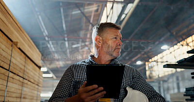 Buy stock photo Inspection, man and engineer with tablet for wood, insight or vision for furniture production. Technology, planning or mature carpenter in warehouse to check stock, manufacturing or think at joinery