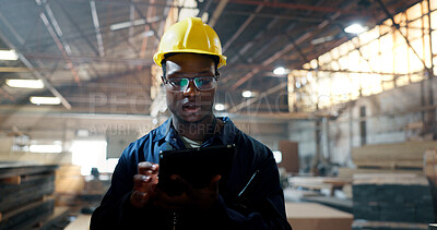 Buy stock photo Tablet, typing and woodwork with black man in warehouse for carpenter, digital checklist and search. Inspection, supplier inventory and furniture with person in factory for online distribution