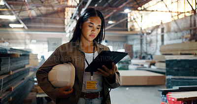 Buy stock photo Tablet, reading and woodwork with woman in warehouse for carpenter, digital checklist and search. Inspection, supplier inventory and furniture with person in factory for online and distribution