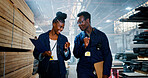 Man, woman and fist bump at factory with clipboard for wood, inventory and team at industrial plant. Black people, smile and checklist for quality assurance, goals and success with manufacturing job