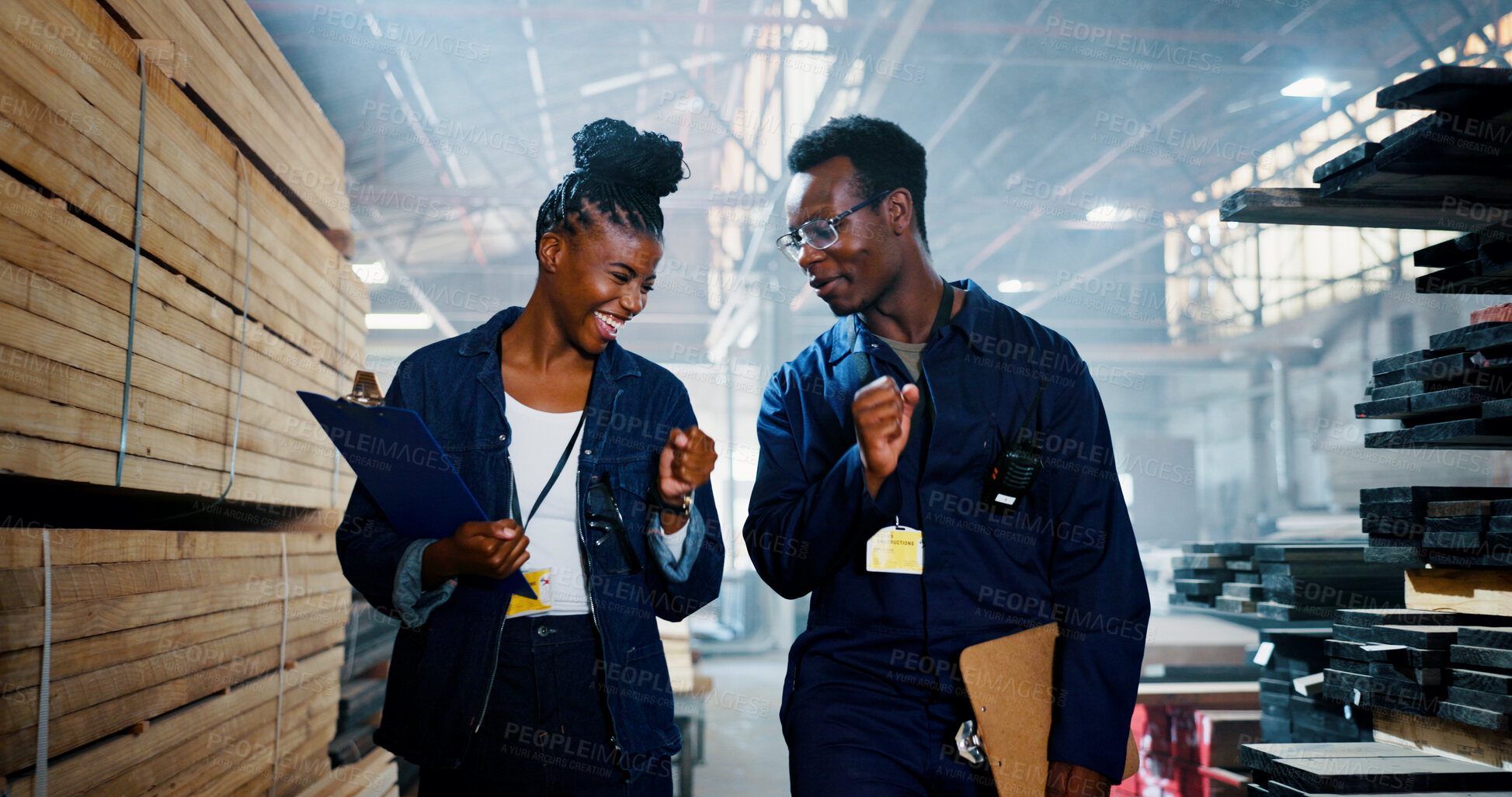 Buy stock photo Man, woman and fist bump at factory with clipboard for wood, inventory and team at industrial plant. Black people, smile and checklist for quality assurance, goals and success with manufacturing job