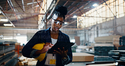 Buy stock photo Woman, tablet and job at warehouse, industry and contact with typing report at lumber plant. African person, engineer and digital touchscreen with app for wood, material and stock order at factory