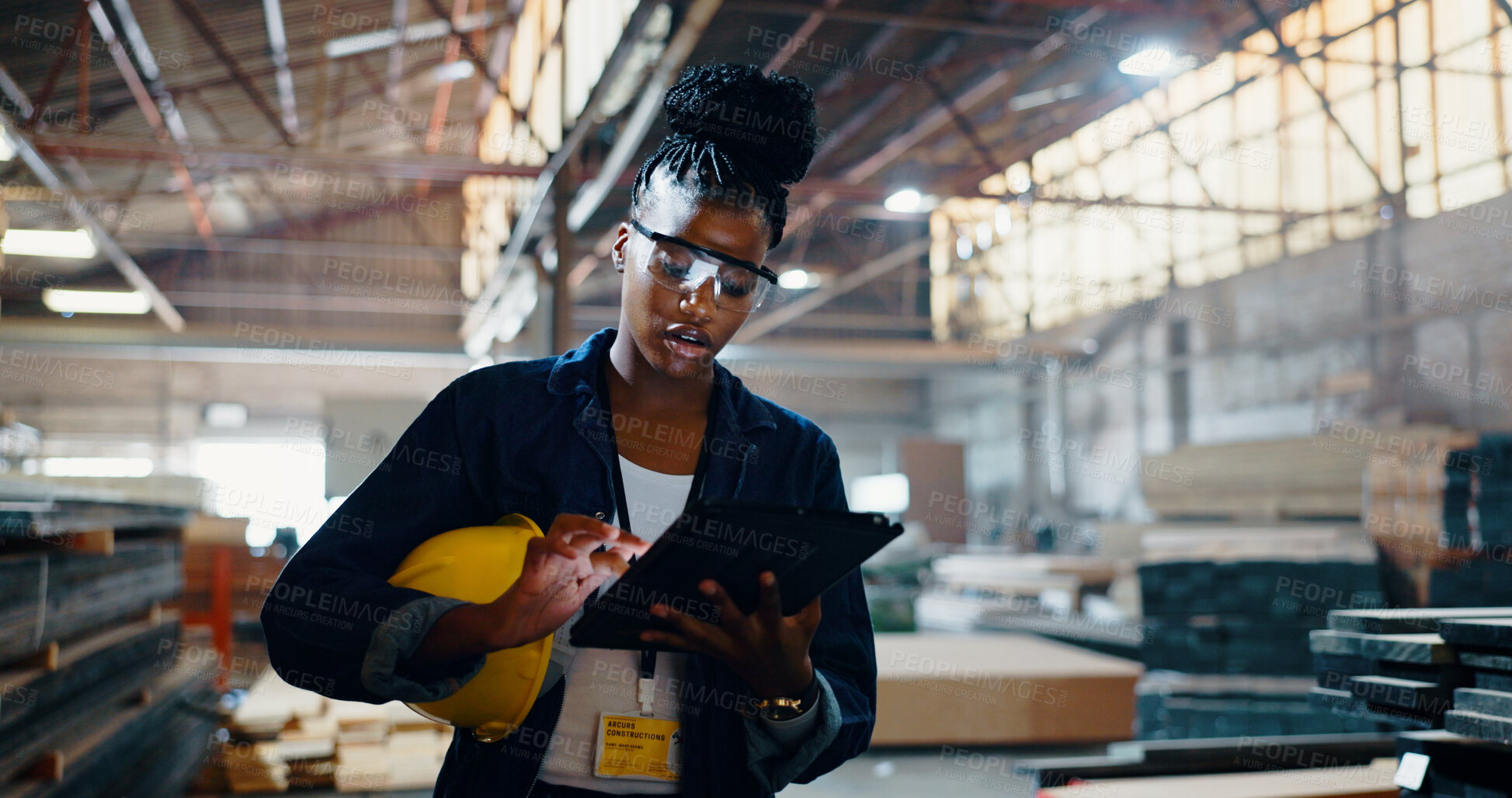 Buy stock photo Woman, tablet and job at warehouse, industry and contact with typing report at lumber plant. African person, engineer and digital touchscreen with app for wood, material and stock order at factory
