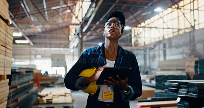 Buy stock photo African carpenter, technology and inspection in warehouse for woodwork, building and planning inventory. Thinking, woman and engineer with tablet for construction, insight and joinery in industry