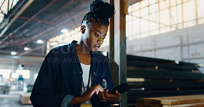 Buy stock photo Tablet, search and woodwork with black woman in warehouse for carpenter, digital checklist and inspection. Manager, supplier inventory and furniture with person in factory for online distribution