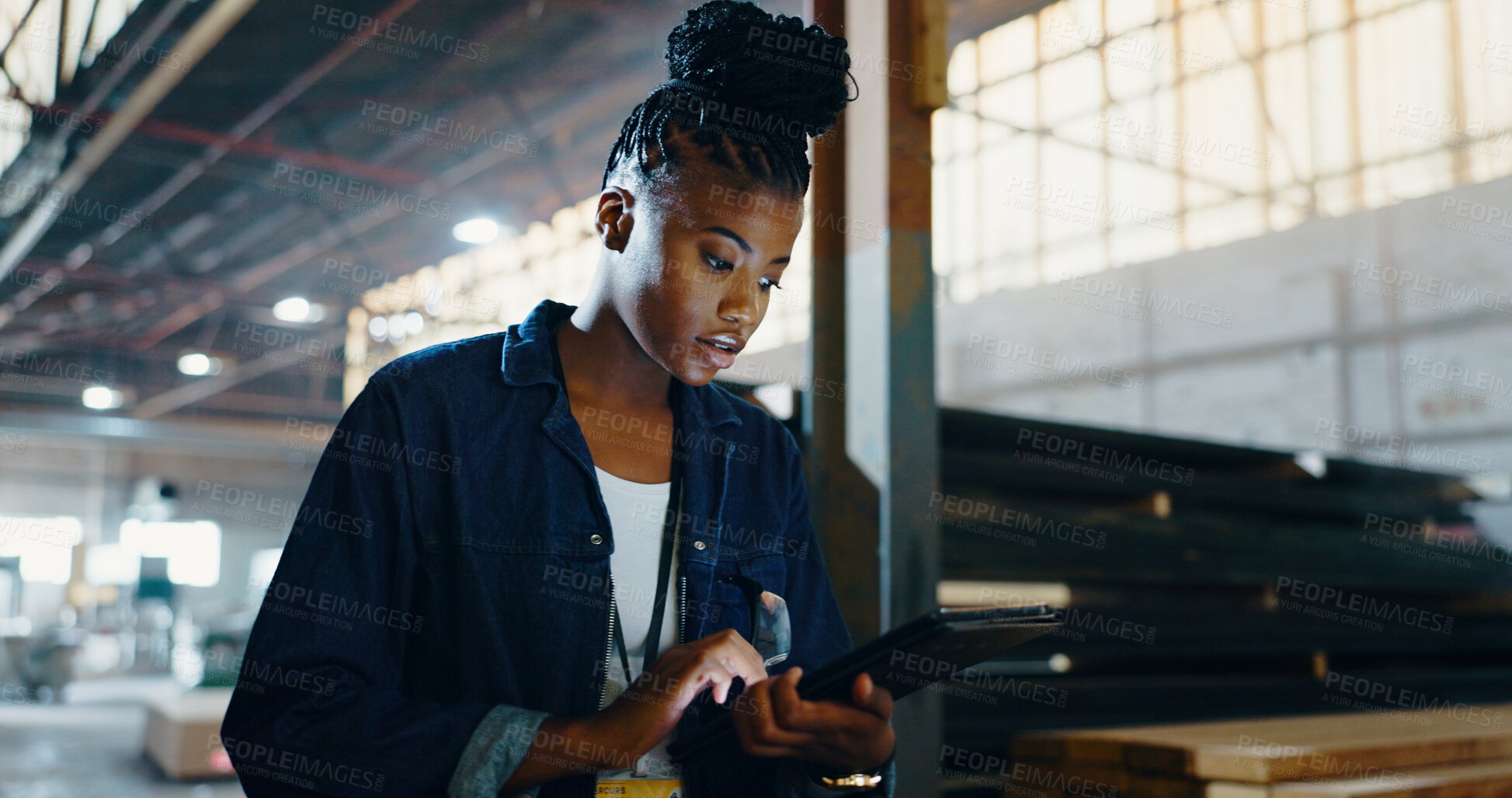Buy stock photo Tablet, search and woodwork with black woman in warehouse for carpenter, digital checklist and inspection. Manager, supplier inventory and furniture with person in factory for online distribution