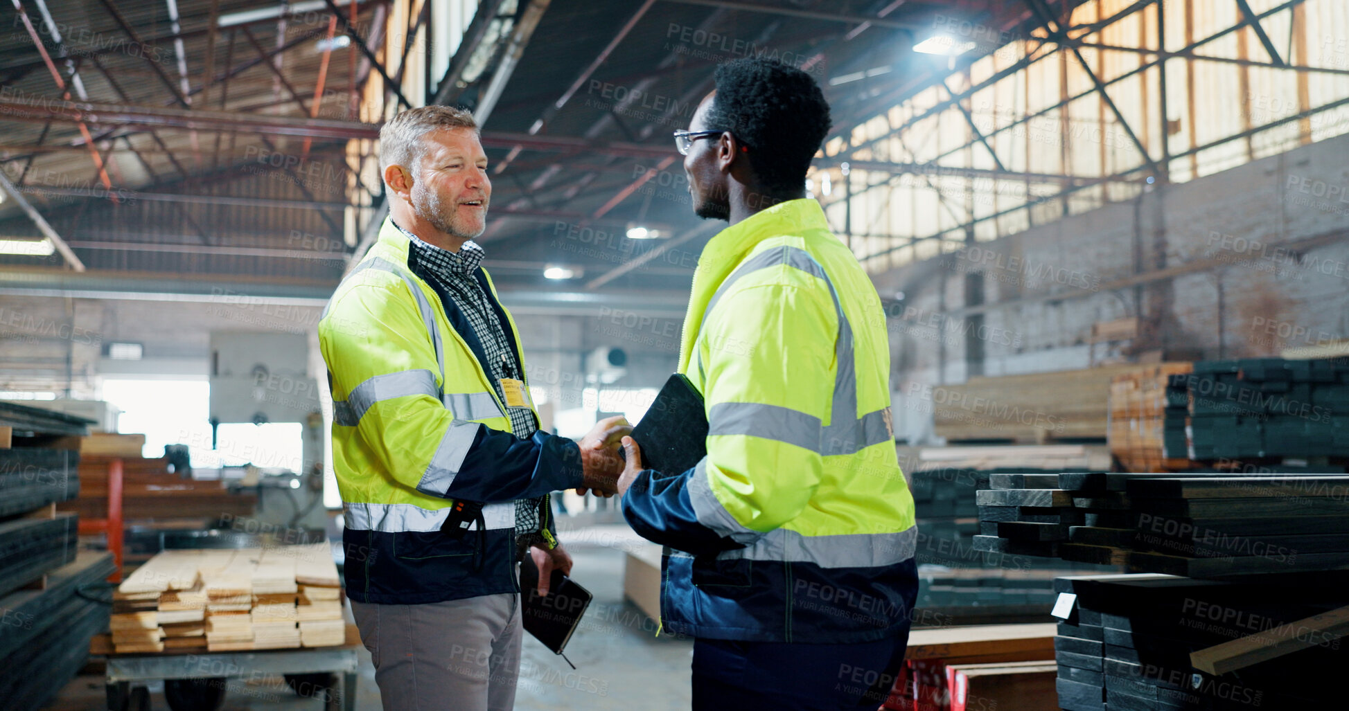 Buy stock photo Men, engineer and handshake for carpentry at workshop for partnership, agreement and construction deal. People, shaking hands and welcome for b2b, manufacturing negotiation and onboarding opportunity