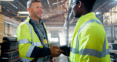 Buy stock photo People, engineer and handshake for carpentry at workshop for partnership, agreement and construction deal. Men, shaking hands and welcome for b2b, manufacturing negotiation and onboarding opportunity