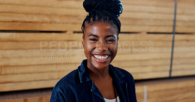 Buy stock photo Woman, portrait and happy with wood at warehouse, pride and ready for career at lumber plant. African person, smile and job with timber production, manufacturing and industry at factory in Nigeria