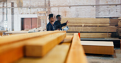 Buy stock photo Man, woman and checklist at factory with wood, point and inventory inspection with team at plant. Black people, talk and clipboard for quality assurance, industry and advice with manufacturing job