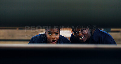 Buy stock photo Team, wood and planning with black people in factory for furniture production, timber choice and manufacturing. Collaboration, carpenter and inspection with man and woman in warehouse for lumber