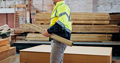 Buy stock photo Wood, engineer and hands with blueprint, factory and man with furniture design, material and project. Warehouse, architecture and person with info for manufacturing, carpentry and productivity