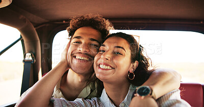 Buy stock photo Selfie, love and couple in car, travel and bonding together with smile, relationship and vacation. Journey, vehicle or man with woman, embrace or transportation with summer holiday, memory or romance