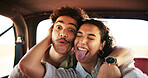 Selfie, travel and couple in car, funny and bonding together with smile, relationship and humor. Journey, vehicle or man with woman, love or comic expression with summer holiday, memory or picture