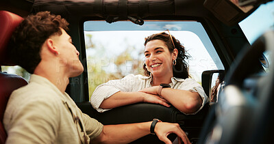 Buy stock photo Couple, relax and smile in car for road trip for travel, countryside date and vacation journey. People, window and sightseeing for summer holiday, getaway adventure and bonding together with romance