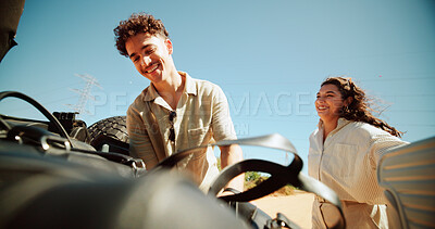 Buy stock photo Couple, packing and bags in car for road trip preparation, travel luggage and ready for vacation. People, helping and suitcase in trunk for summer holiday, getaway adventure and transport journey