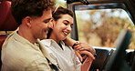 Smile, couple and hug in car for road trip for travel, partner affection and journey of vacation. People, embrace and sightseeing for summer holiday, getaway adventure and bonding for romantic date