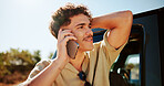 Man, phone call and breakdown with car for lost, navigation or vehicle trouble in nature. Male person, talking or stranded with mobile smartphone for emergency transport service, accident or help