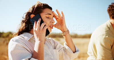Buy stock photo Frustrated woman, phone call and breakdown with car for roadside assistance or vehicle trouble in nature. Female person, talking or stranded with mobile smartphone for emergency transport app or help