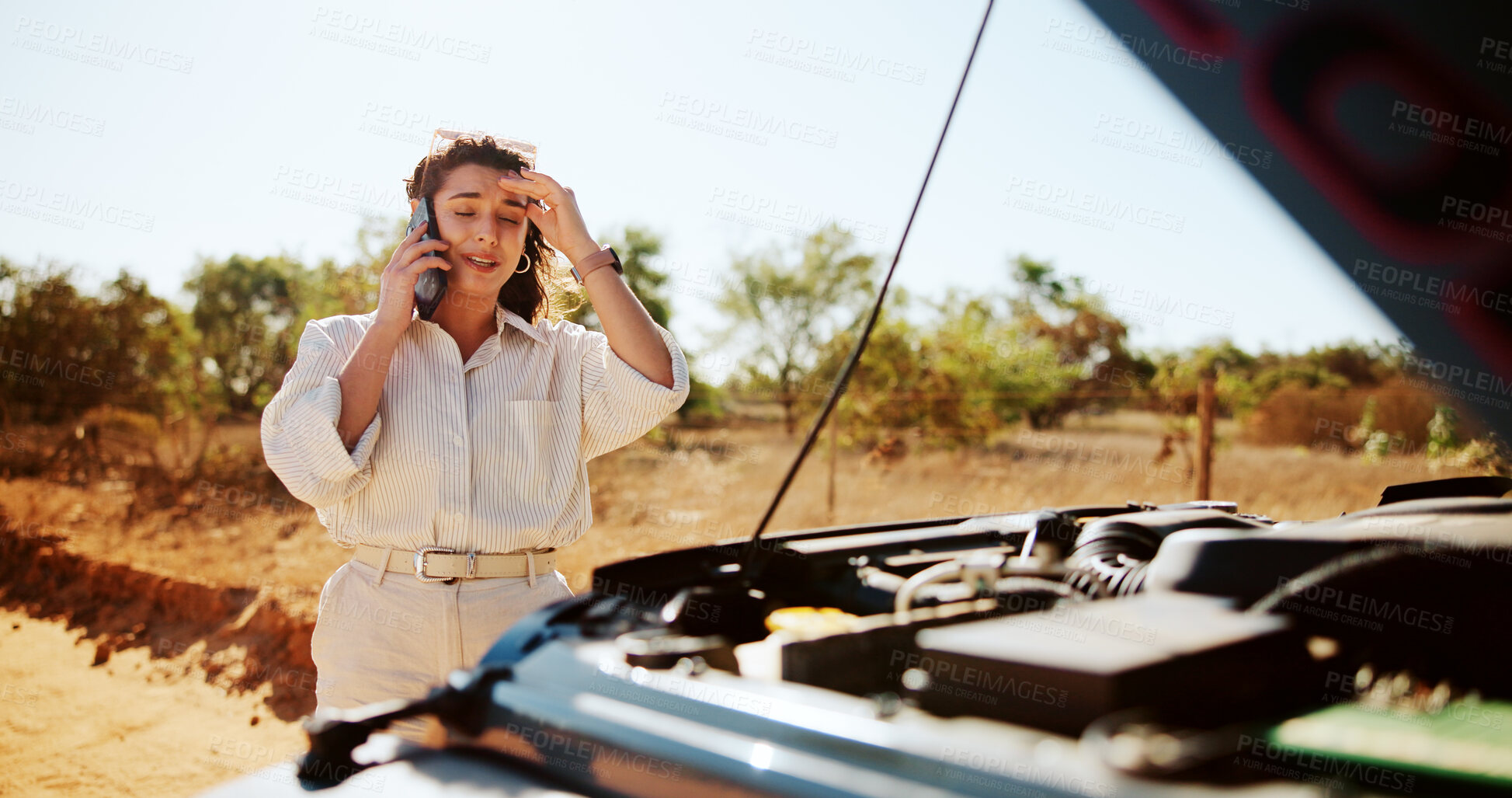 Buy stock photo Worry, woman and phone call with car breakdown for travel crisis, accident and vehicle emergency. Person, mobile and discussion for mechanic advice, roadside assistance and update of insurance claim