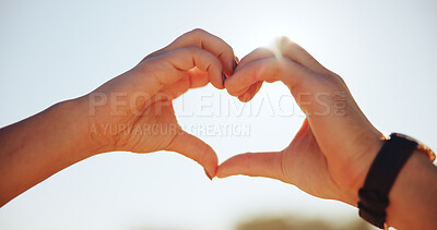 Buy stock photo People, shape and love with heart hands or sunshine in nature for romance, outdoor date or valentines day. Closeup, couple or icon with symbol for romantic gesture, kindness or thank you together