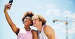 Woman, man and selfie for fitness, city and happy with exercise, break and post on web in summer. People, interracial couple and smile with photography, profile picture and social media for training